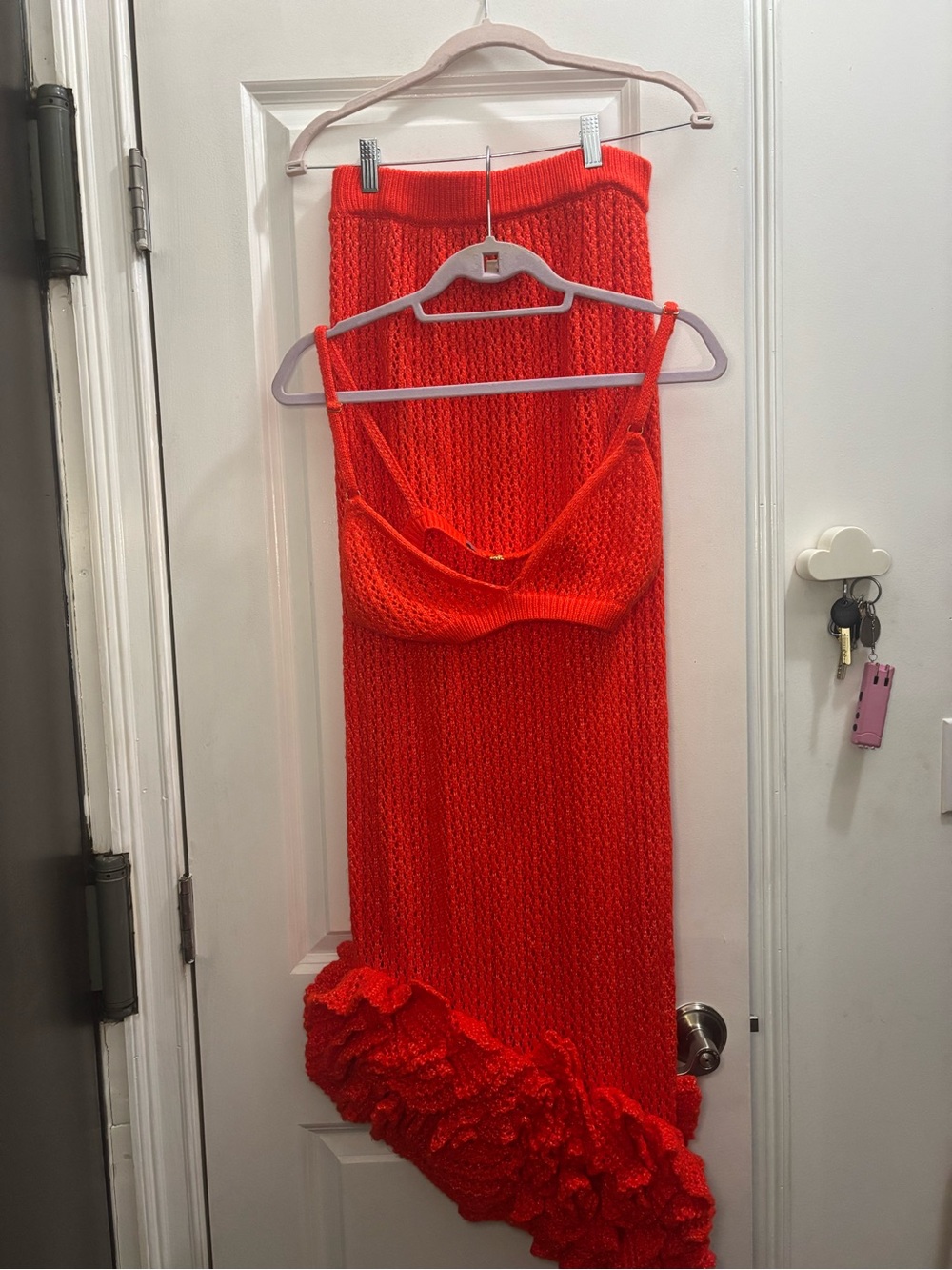 Hanifa Reddish Orange Knit Pencil Skirt with Ruffle Hem - Picture 3 of 8